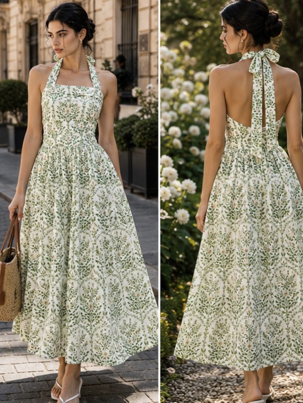 H&M White and Green Floral Halter Midi Dress - Picture 2 of 16